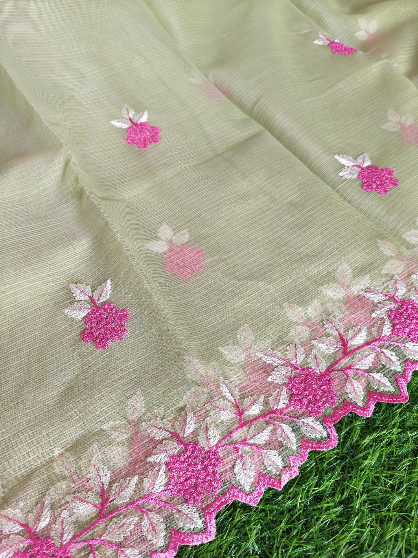 Kora cotton pista green colour thread embroidered Saree (Copy)
