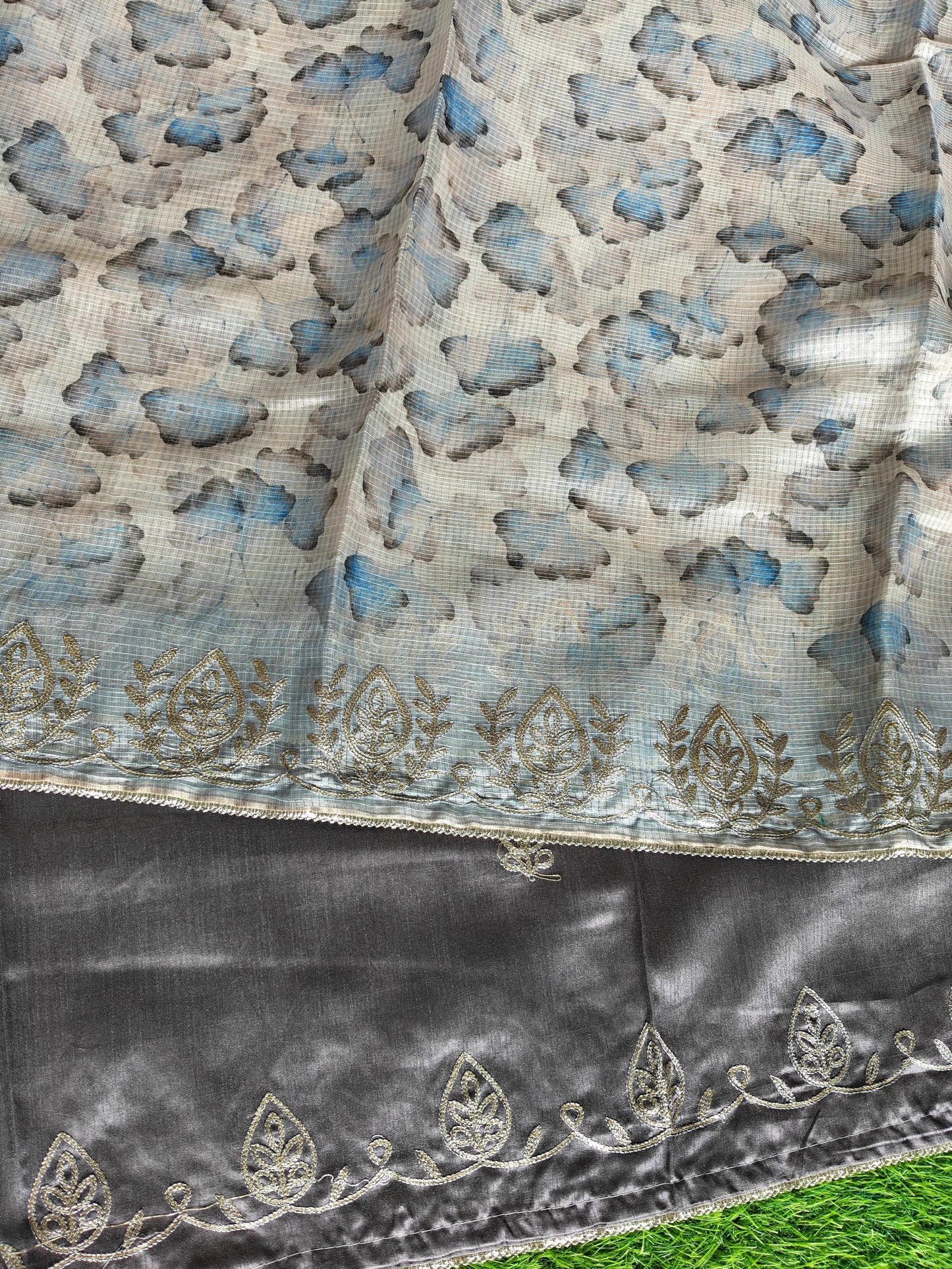 Grey Kota Cotton Silk Printed Saree with Zari Thread Embroidery & Contrast Blouse