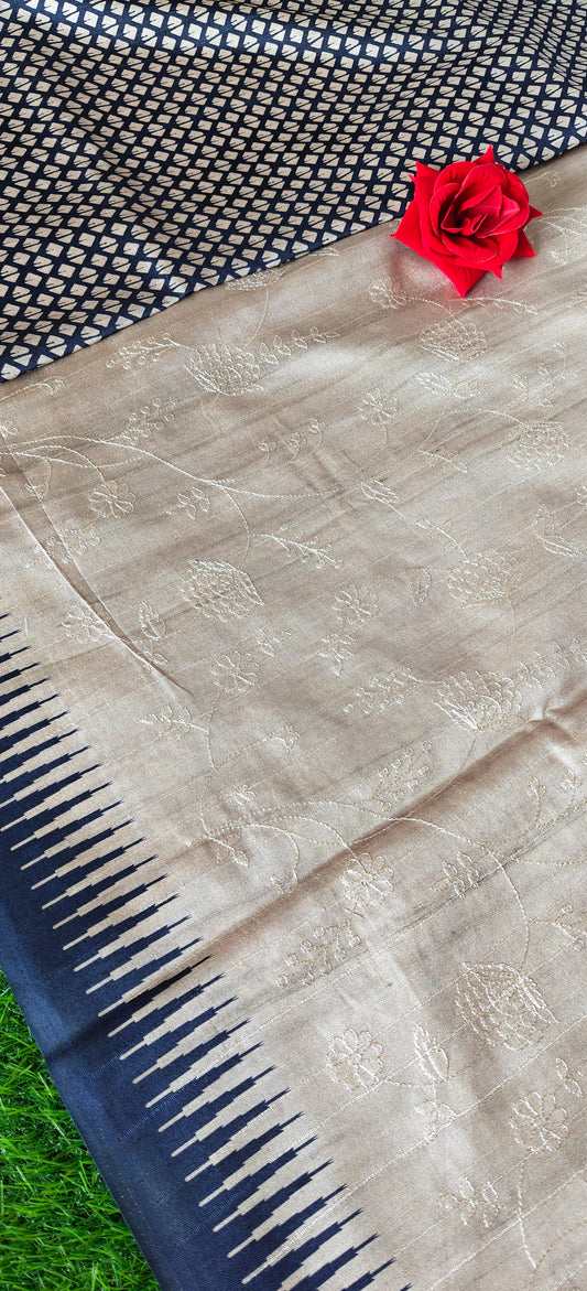 Cream Self Thread Embroidered Soft Silk Saree with Contrast Border