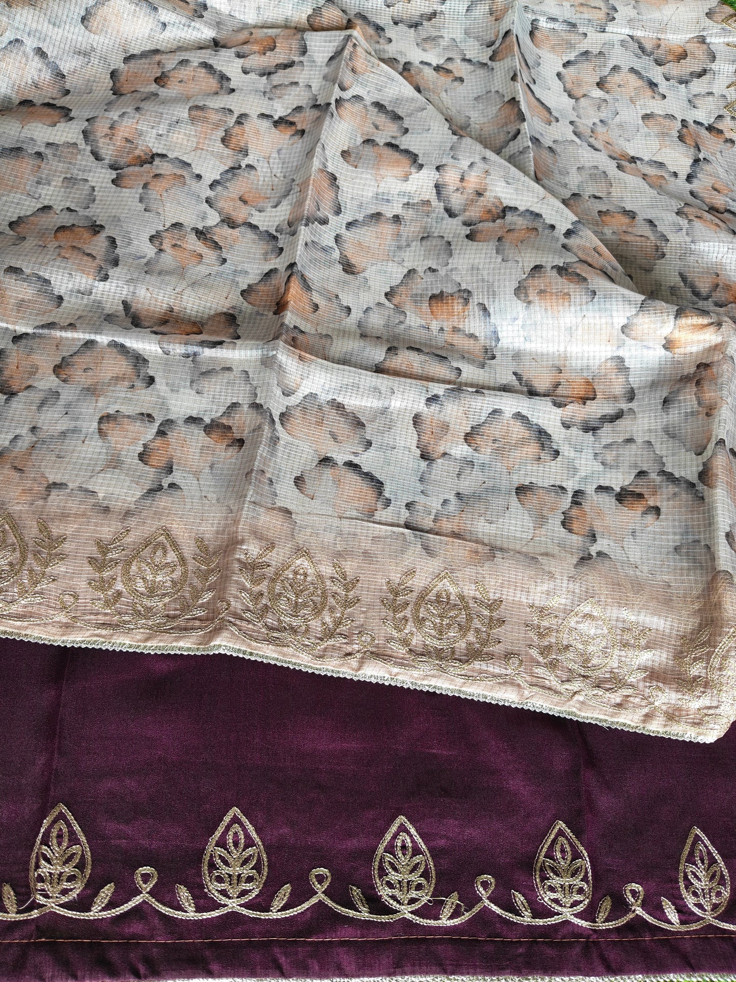 Earthy Brown Kota Cotton Silk Printed Saree with Zari Thread Embroidery & Contrast Blouse