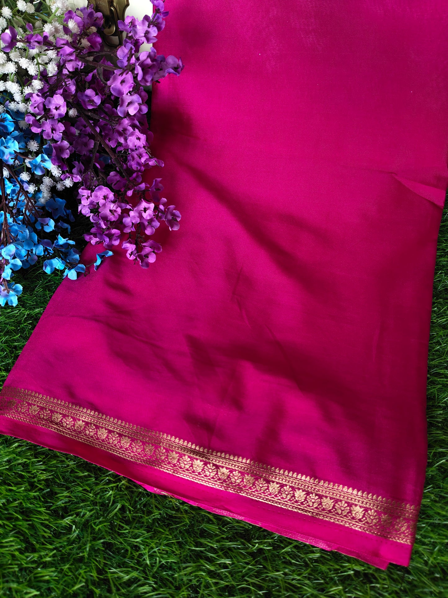 Rani Pink Color Semi Crepe Silk Saree With Slim Gold Border