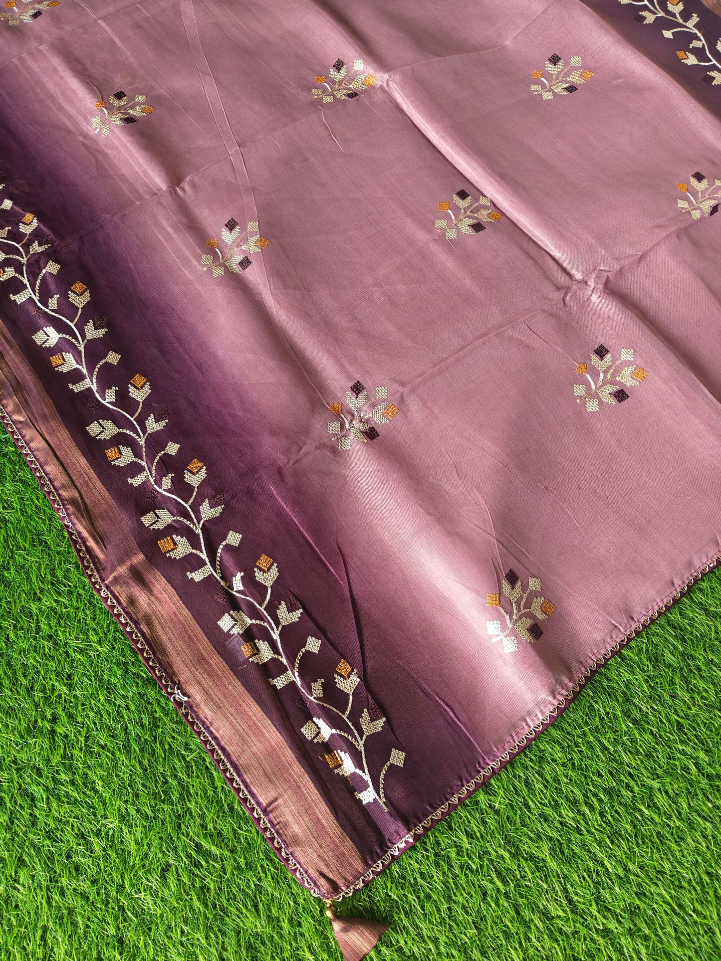 Double shaded dark wine & light wine color soft net thread embroidered saree