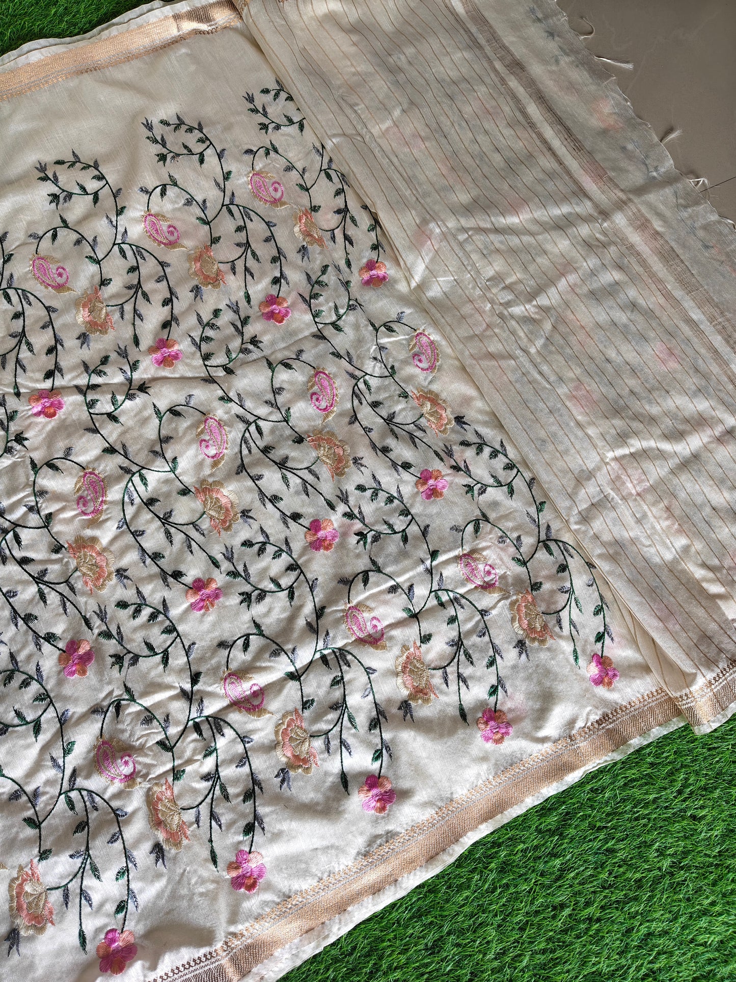 Cream colour Tusser silk multi colour thread embroidered