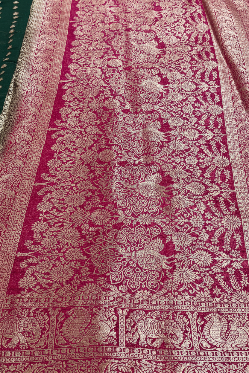 Green Georgette Banarasi Silk Saree with Contrast Border & Small Motifs
