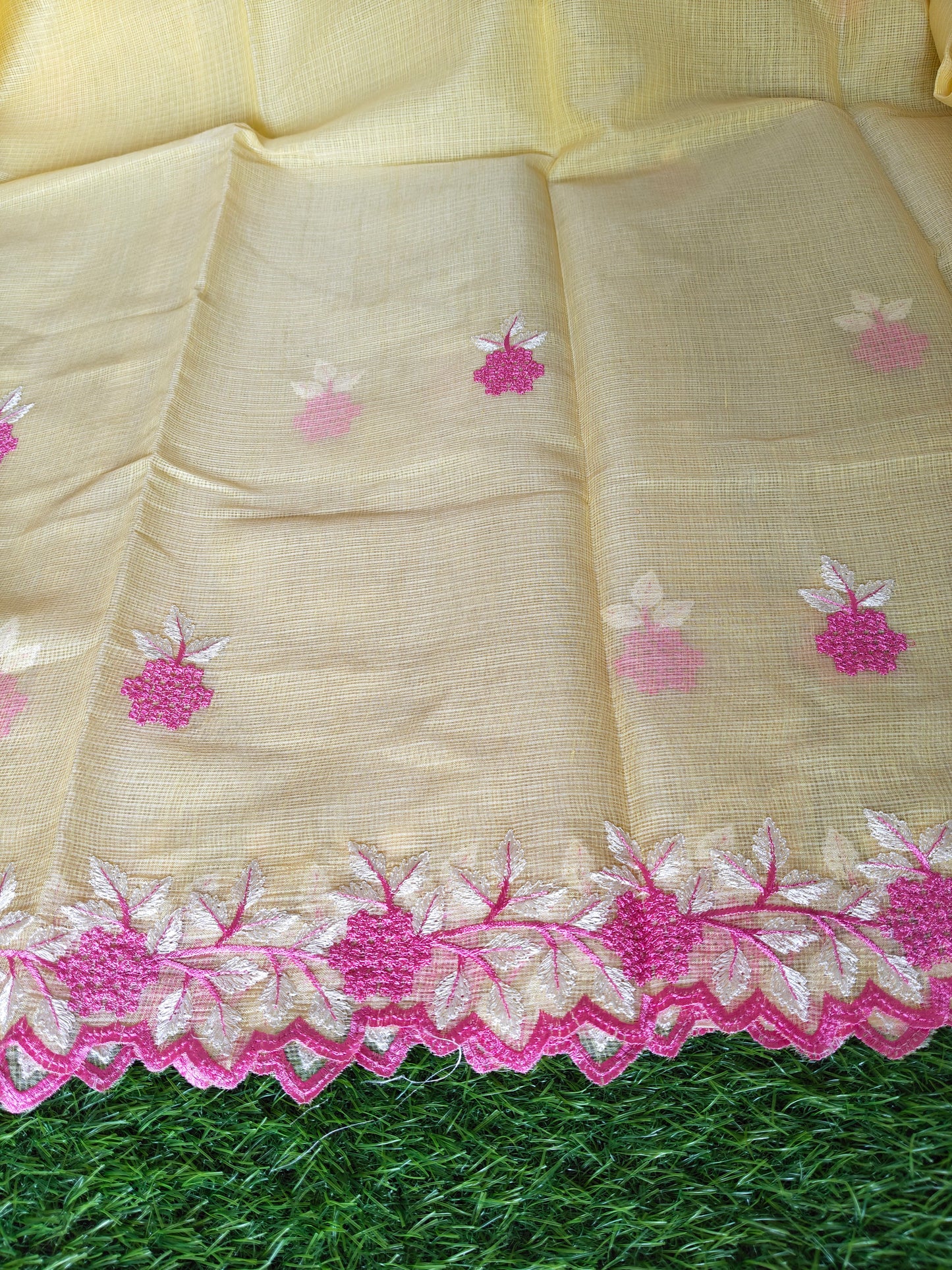 Kora cotton yellow colour thread embroidered Saree