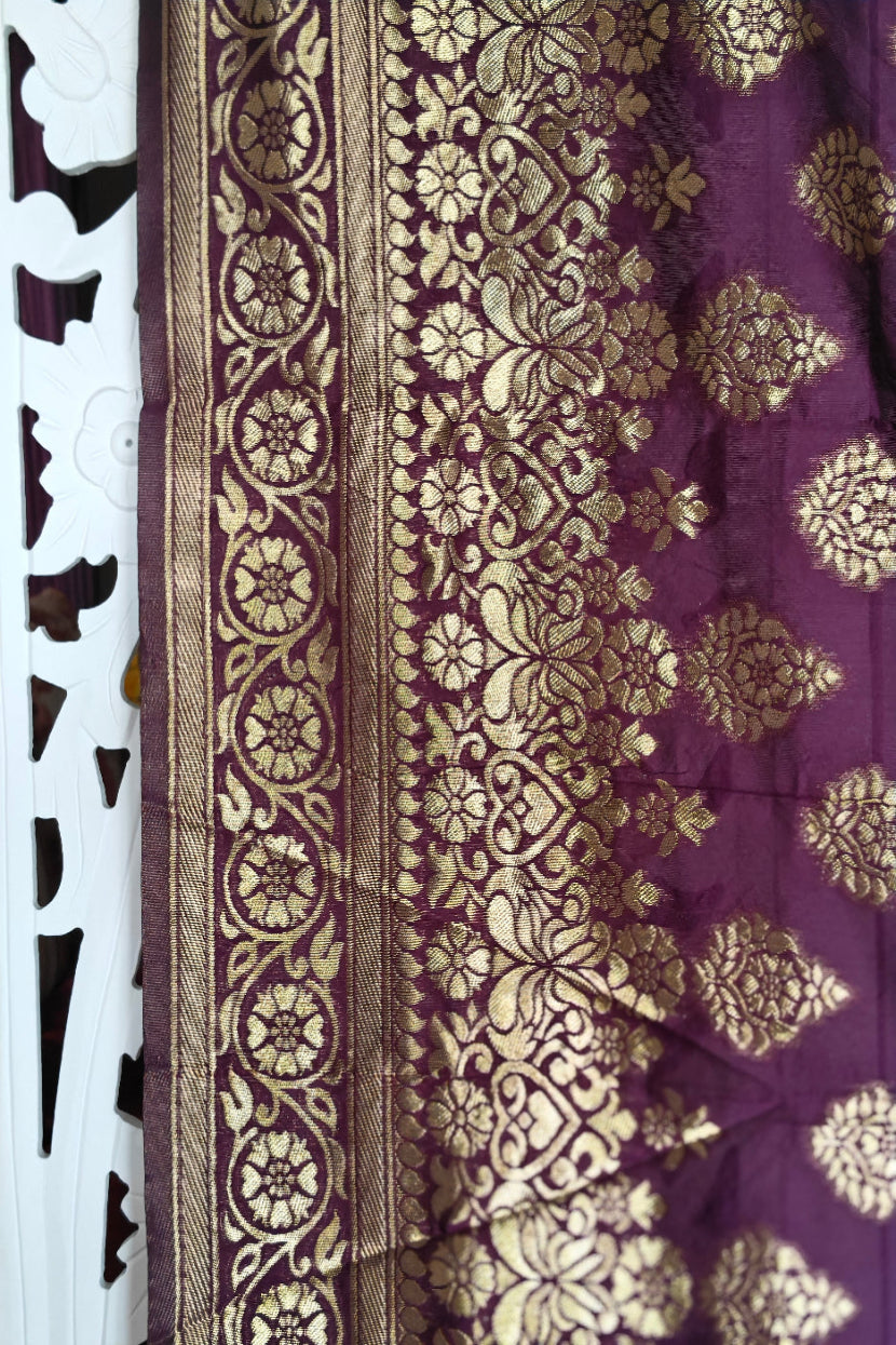 Wine Color Banarsi Silk Saree With Zari Weave
