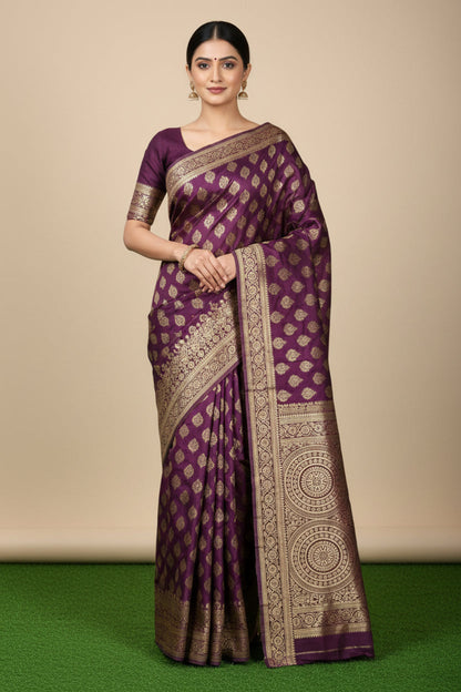 Wine Color Banarsi Silk Saree With Zari Weave