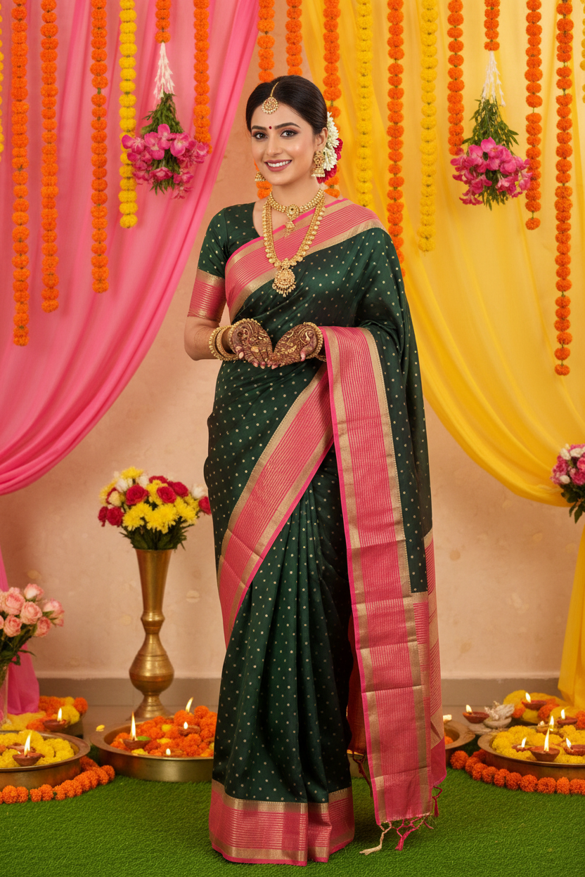 Full Length Indian Model in Green Saree at Mehndi Function