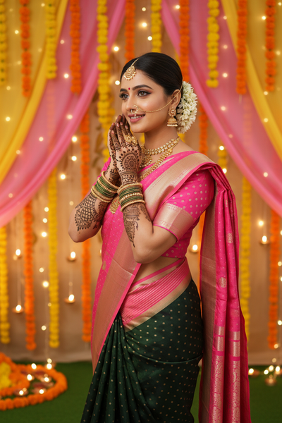Indian Model - Green Body Pink Pallu Saree with Mehndi at Mehndi Function