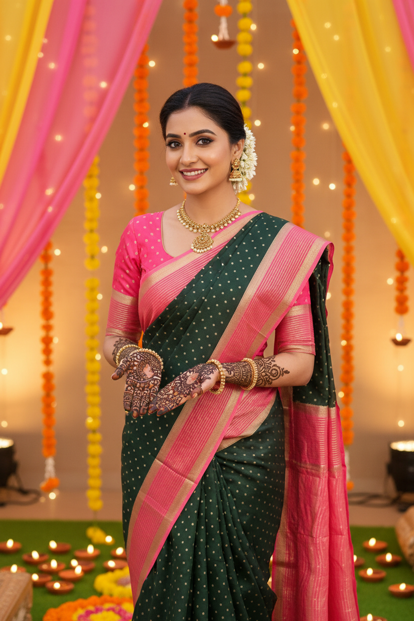 Indian Model in Green Saree with Pink Blouse at Mehndi Function