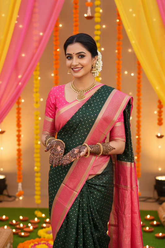 Indian Model in Green Saree with Pink Blouse at Mehndi Function