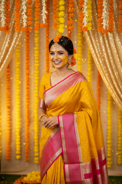 Indian Model in Yellow Silk Saree at Haldi Function