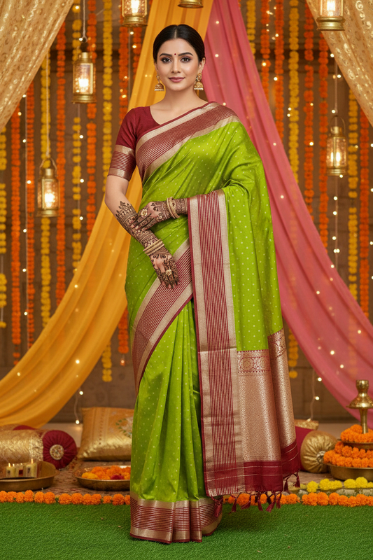 Mehndi Green Semi Crepe Silk Saree with Contrast Border
