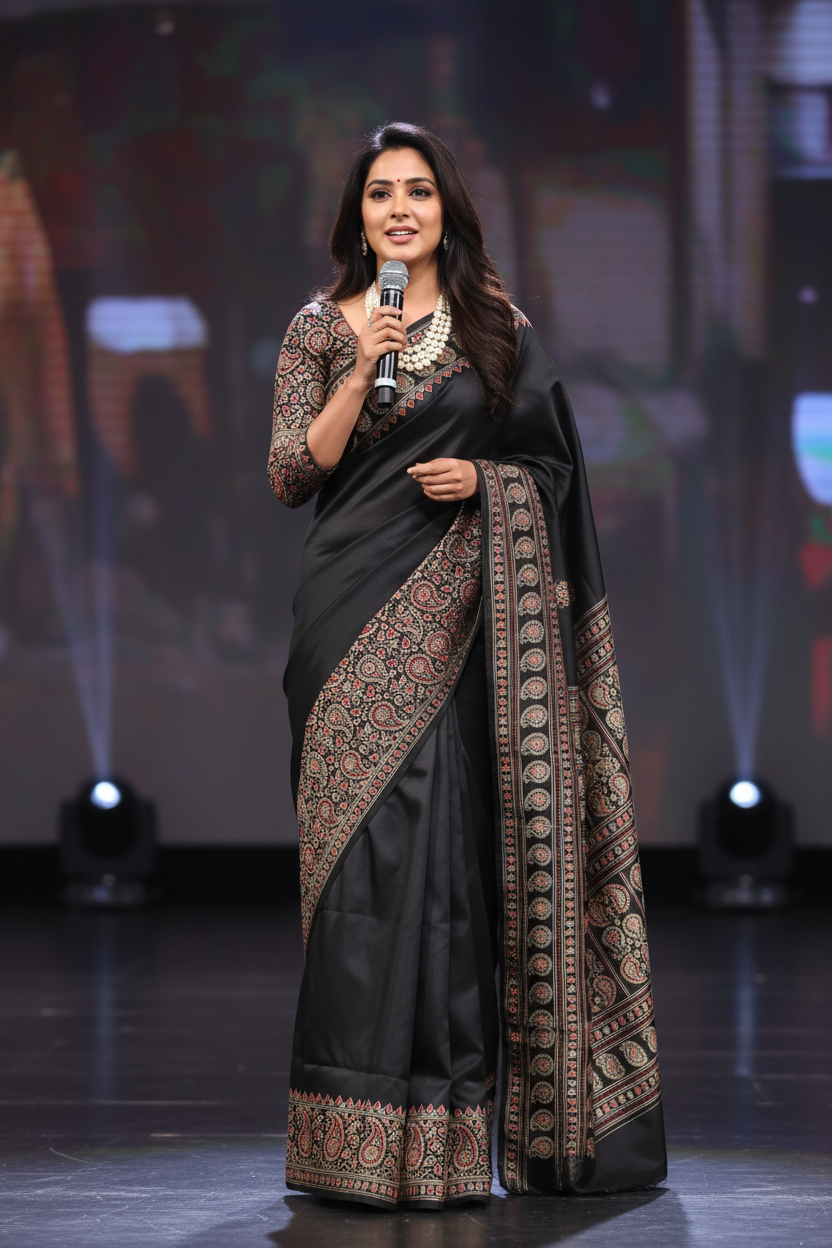 Black Italian Crepe Silk Saree with Paisley Printed Pallu & Designer Blouse | Lightweight Party Wear Saree