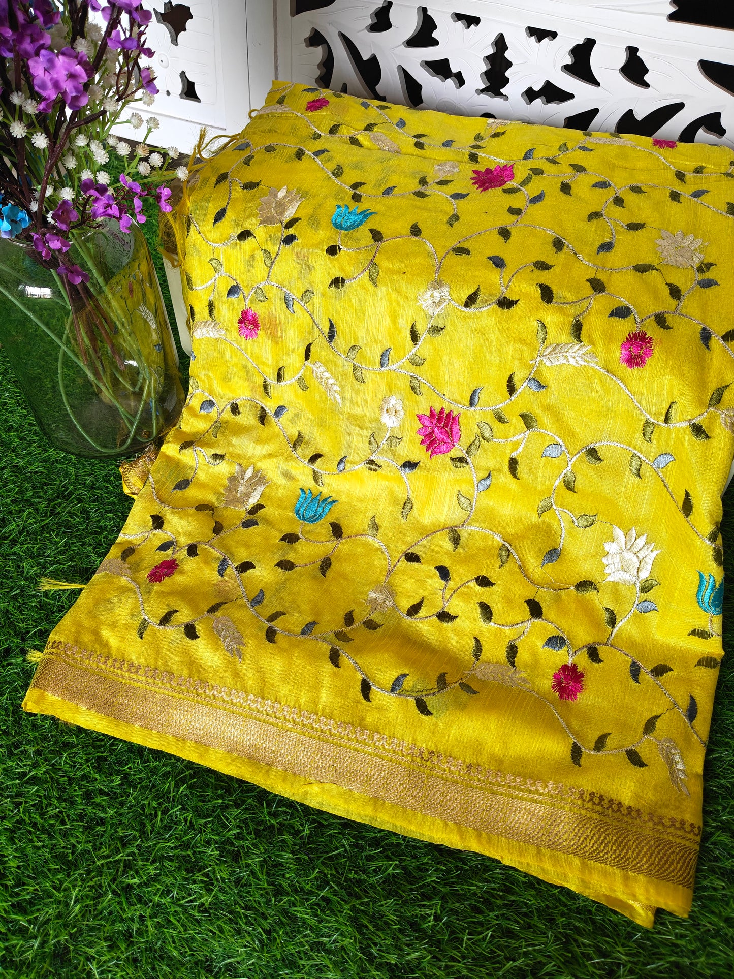 Yellow colour Tusser silk multi colour thread embroidered (Copy)