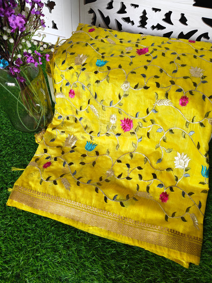 Yellow colour Tusser silk multi colour thread embroidered (Copy)