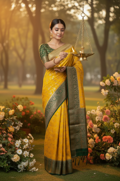 Yellow Banarsi crepe Silk Saree