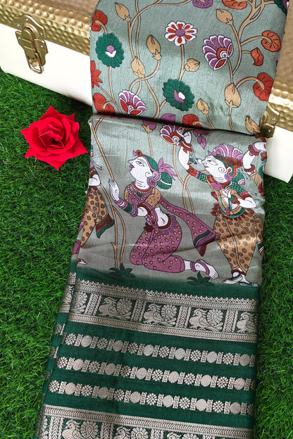Green Kalamkari Print Semi Crepe Silk Saree