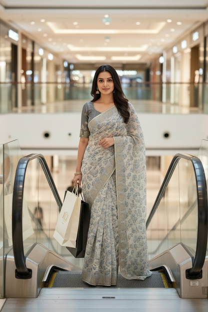 Grey Kota Cotton Silk Printed Saree with Zari Thread Embroidery & Contrast Blouse