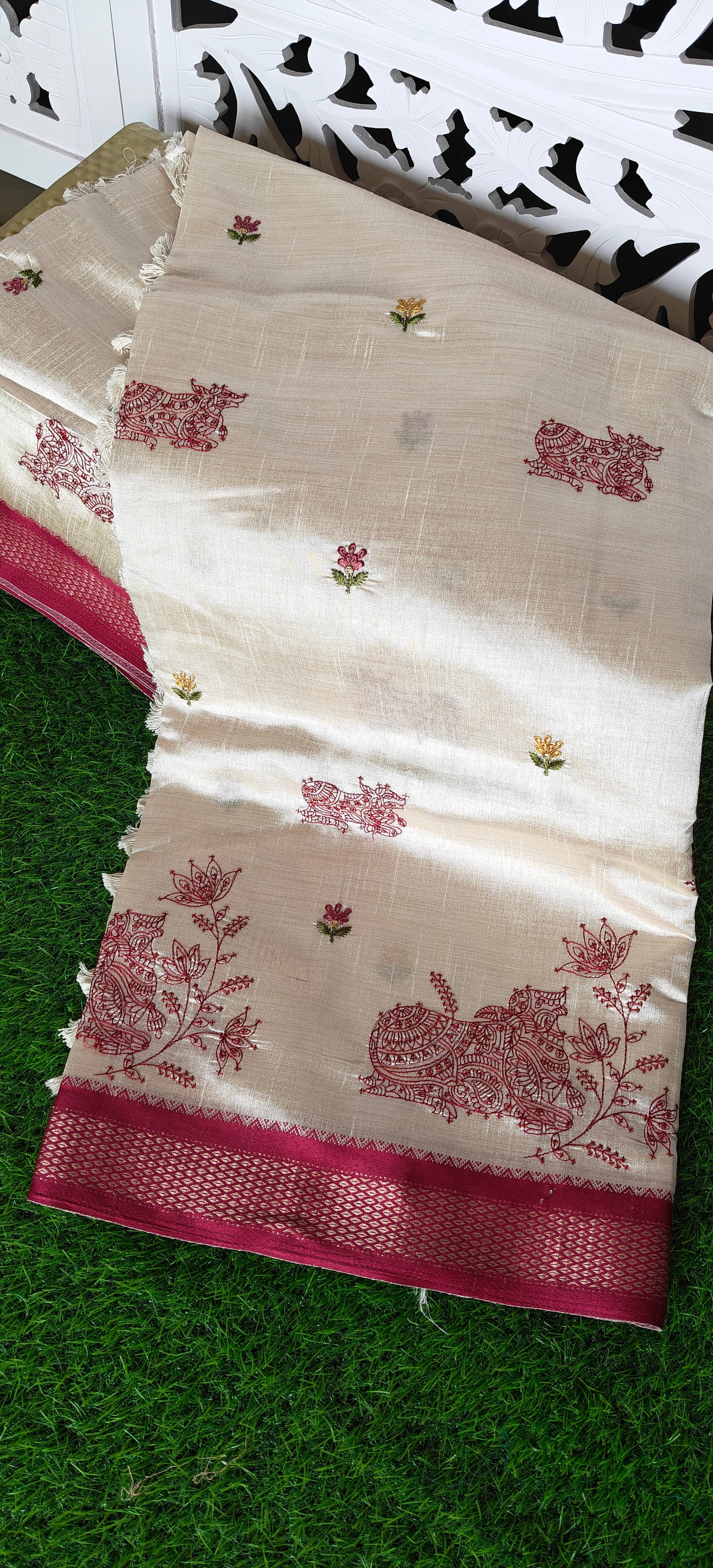 Cream Nandi Embroidered  Silk Saree