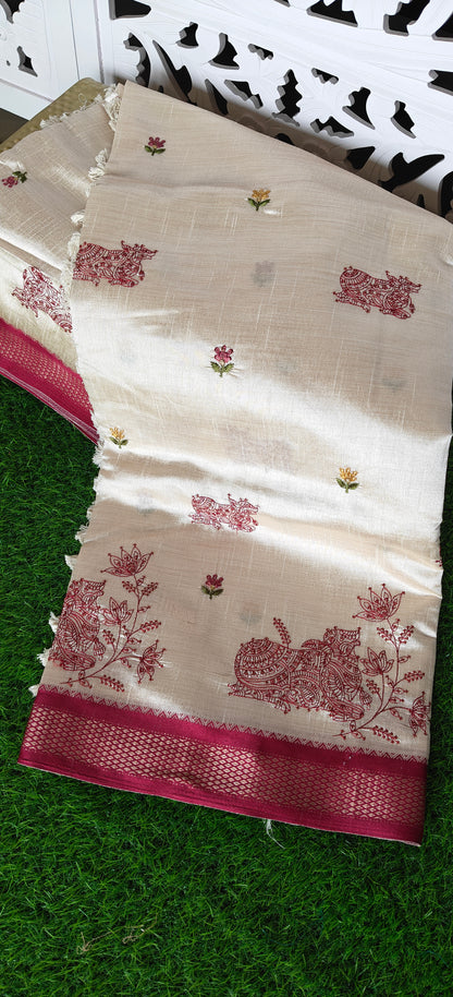 Cream Nandi Embroidered  Silk Saree