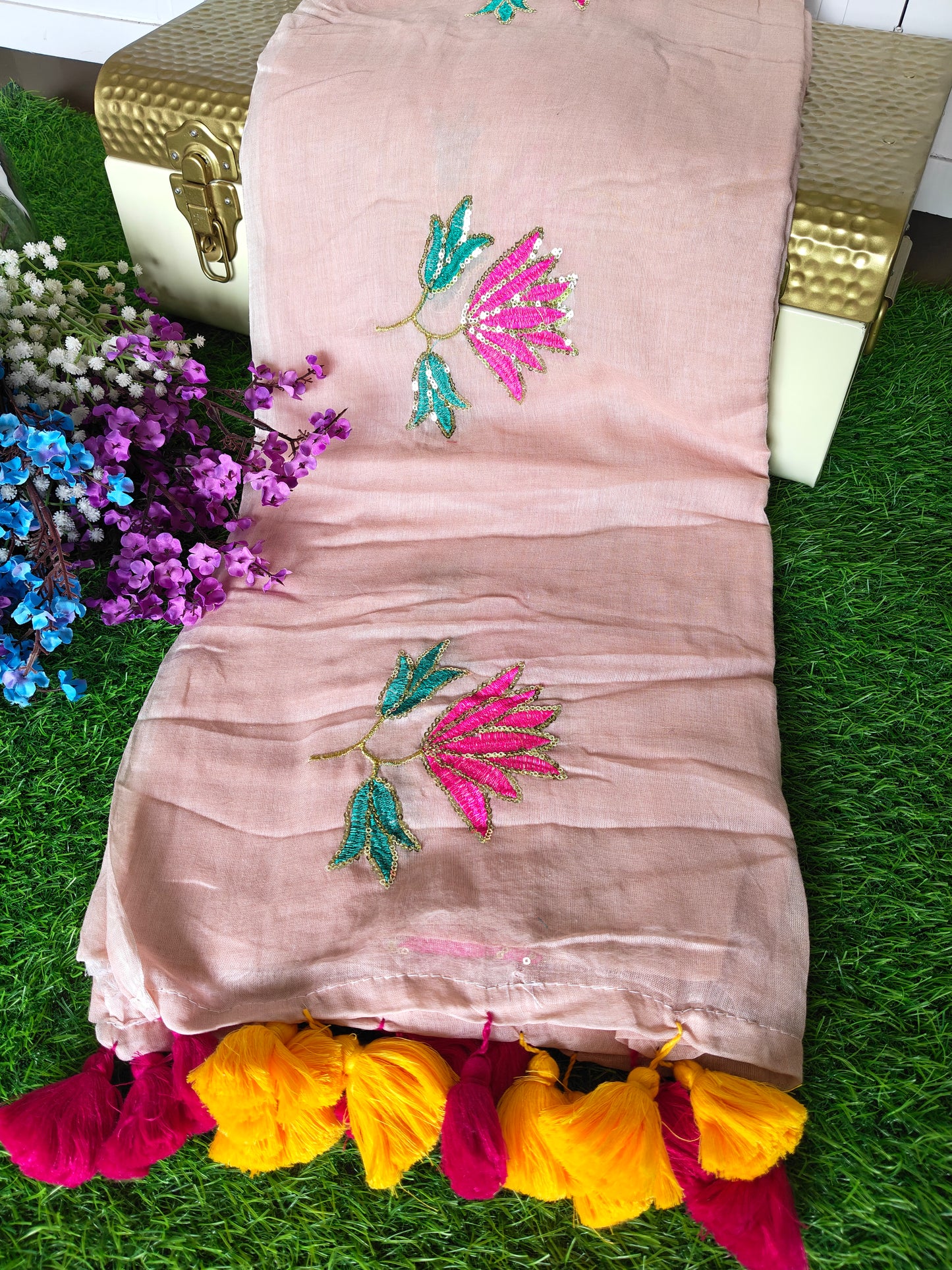 MulMul cotton light peach colour thread embroidered Saree