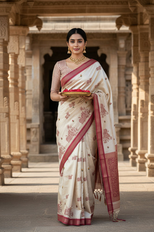 Cream Nandi Embroidered  Silk Saree