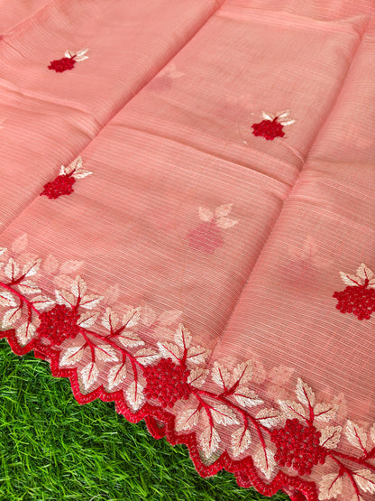 Kota cotton Carrot Color Thread Embroidered Saree (Copy)