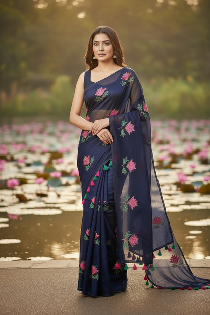 MulMul cotton dark blue colour thread embroidered Saree