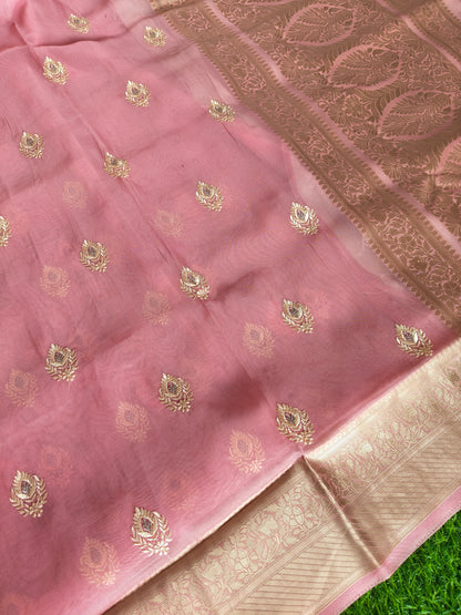 Pink Organza Saree with Butti Embroidery Work