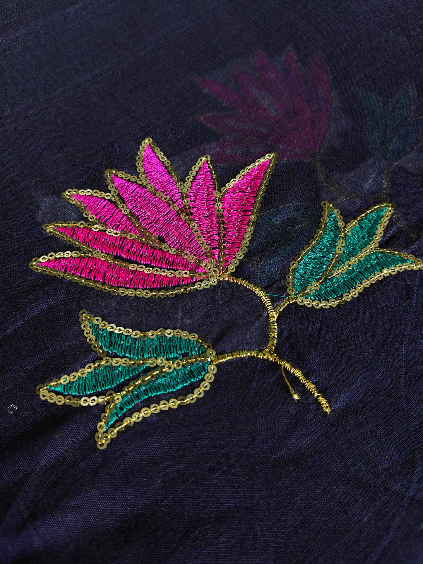 MulMul cotton dark blue colour thread embroidered Saree