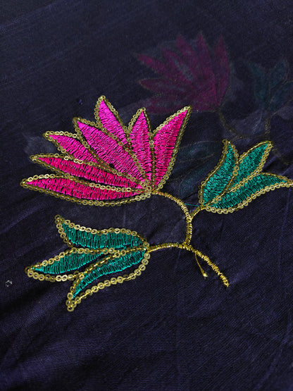 MulMul cotton dark blue colour thread embroidered Saree