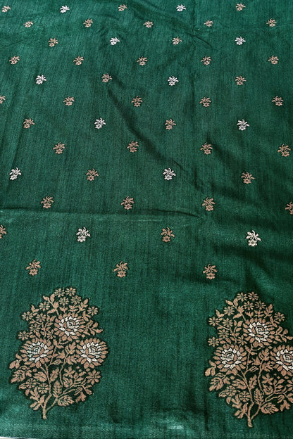 Green Raw Silk Saree with Contrast Motif Work