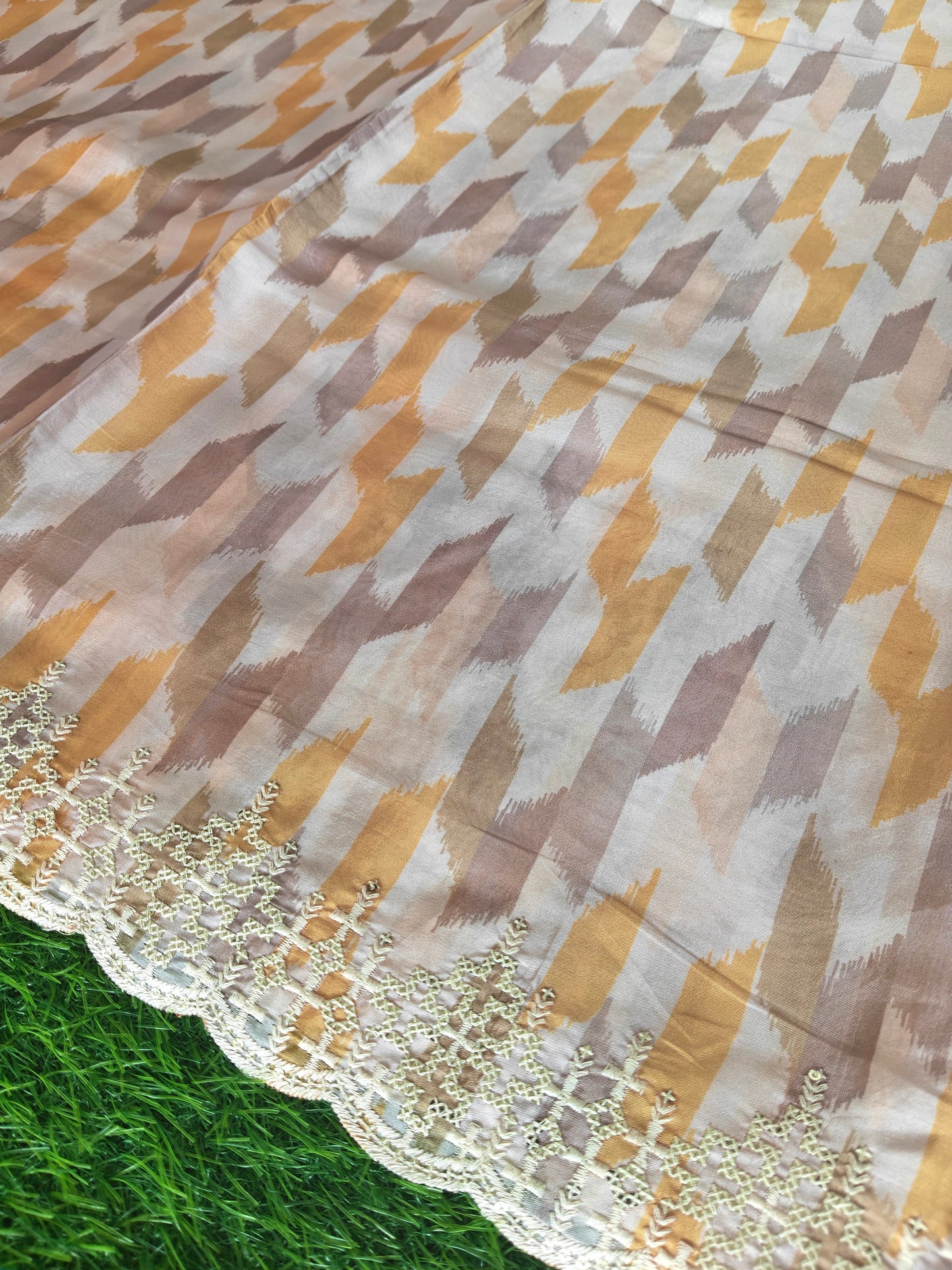 Multicolored light brown Italian satin crepe Silk with contrast blouse Saree (Copy)