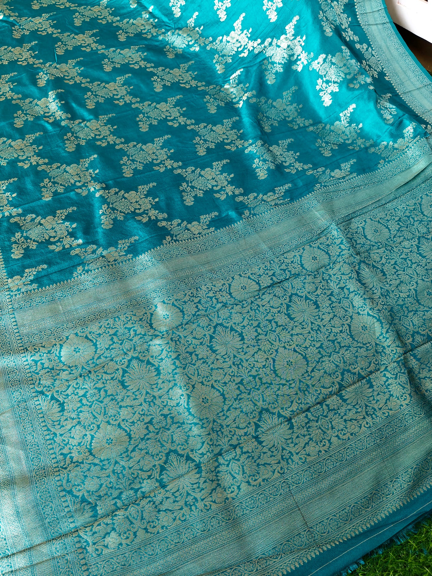 Grennish vlue Banarsi Silk Saree with gold weaving