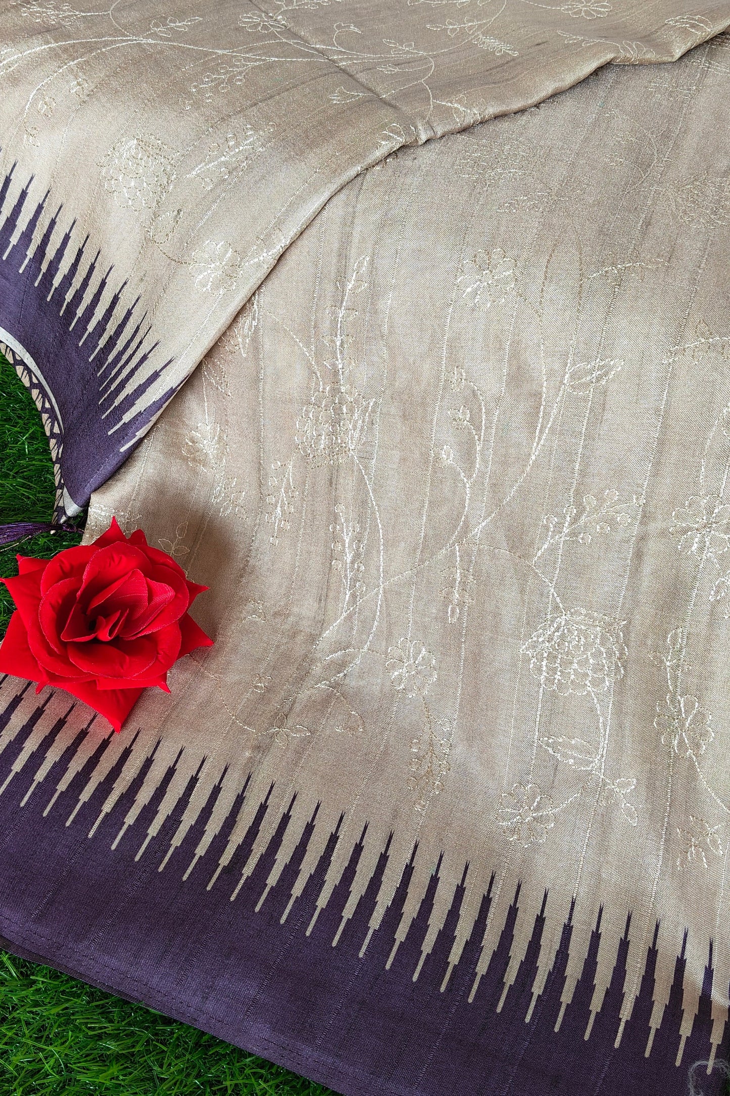 Cream Self Thread Embroidered Soft Silk Saree with Contrast Border