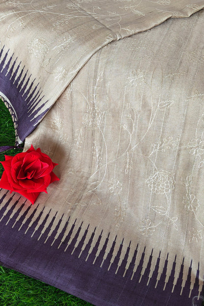 Cream Self Thread Embroidered Soft Silk Saree with Contrast Border