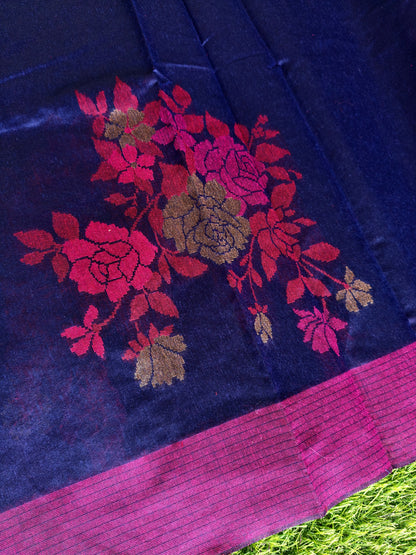 Royal Blue Cotton Saree with Thread Embroidery & Contrast Border | Elegant Traditional Saree