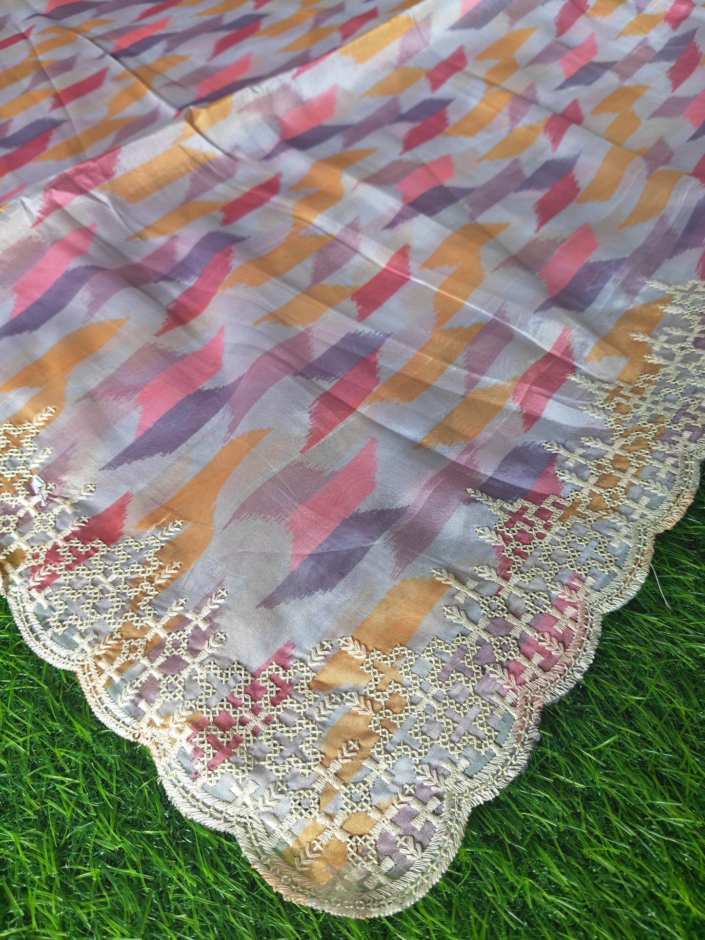 Multicolored Italian satin crepe Silk with contrast blouse Saree