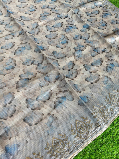 Grey Kota Cotton Silk Printed Saree with Zari Thread Embroidery & Contrast Blouse