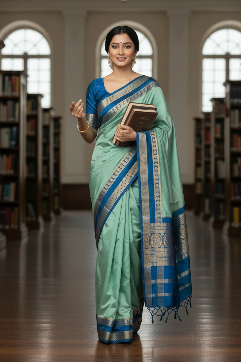 Light green colour semi crepe solid colour with slim contrast border