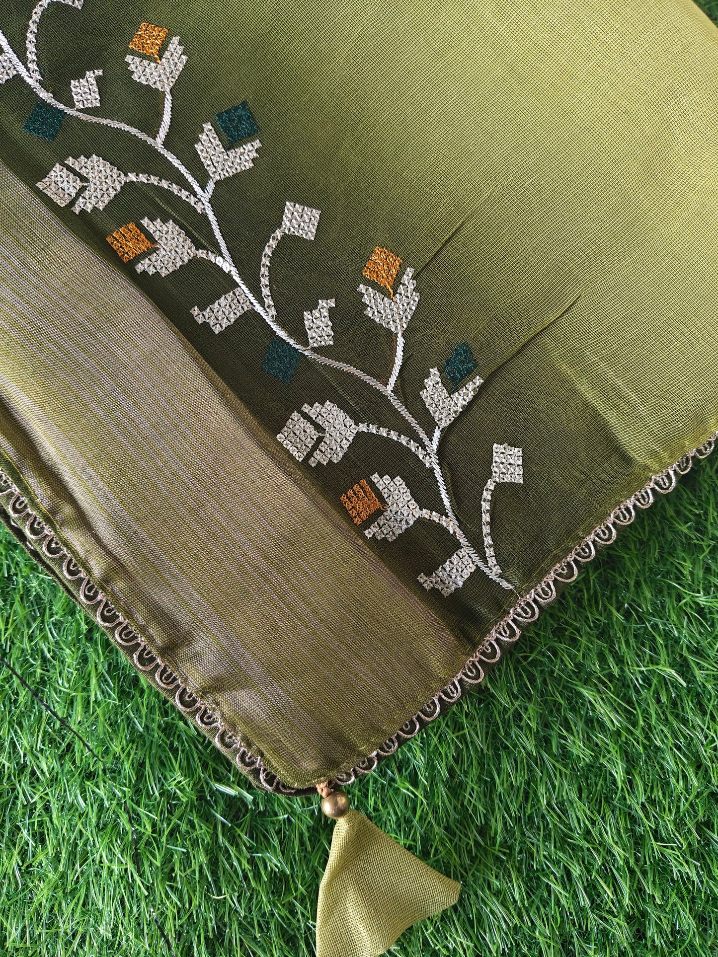 Double shaded dark green & light green color soft net thread embroidered saree
