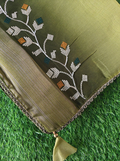 Double shaded dark green & light green color soft net thread embroidered saree