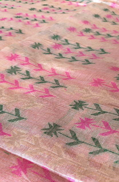 Peach Embroidered  Cotton Saree