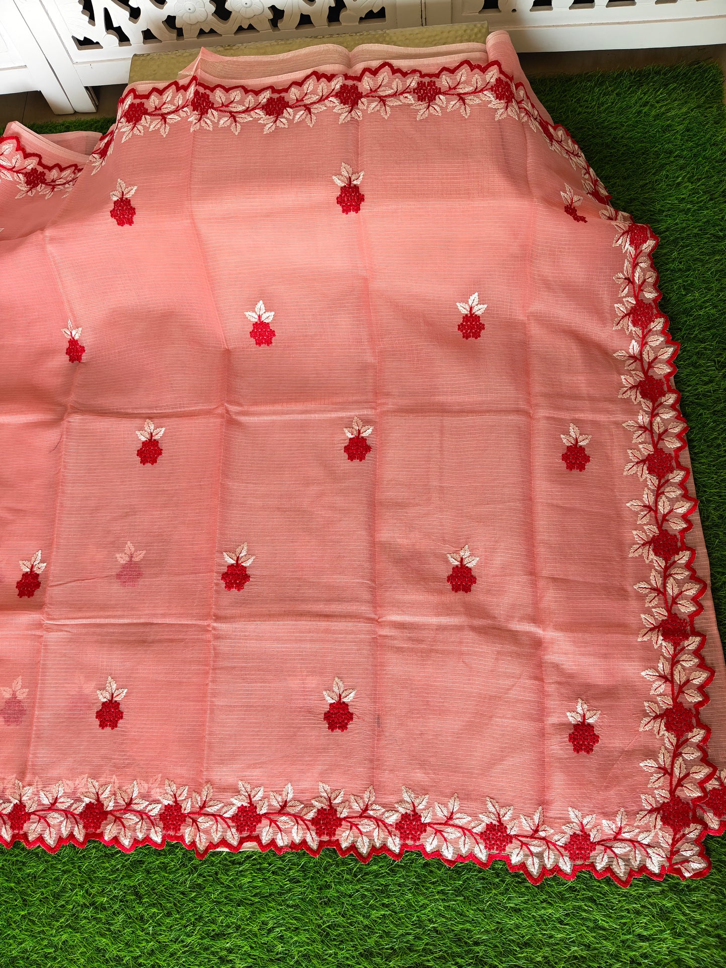 Kota cotton Carrot Color Thread Embroidered Saree (Copy)