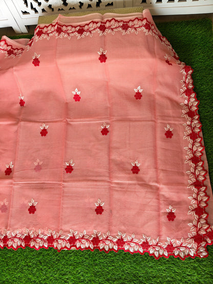 Kota cotton Carrot Color Thread Embroidered Saree (Copy)