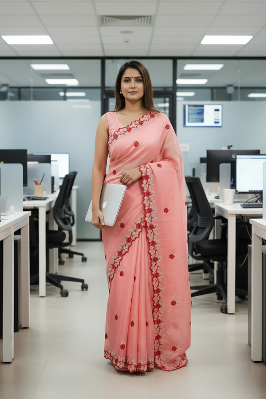Kota cotton Carrot Color Thread Embroidered Saree (Copy)