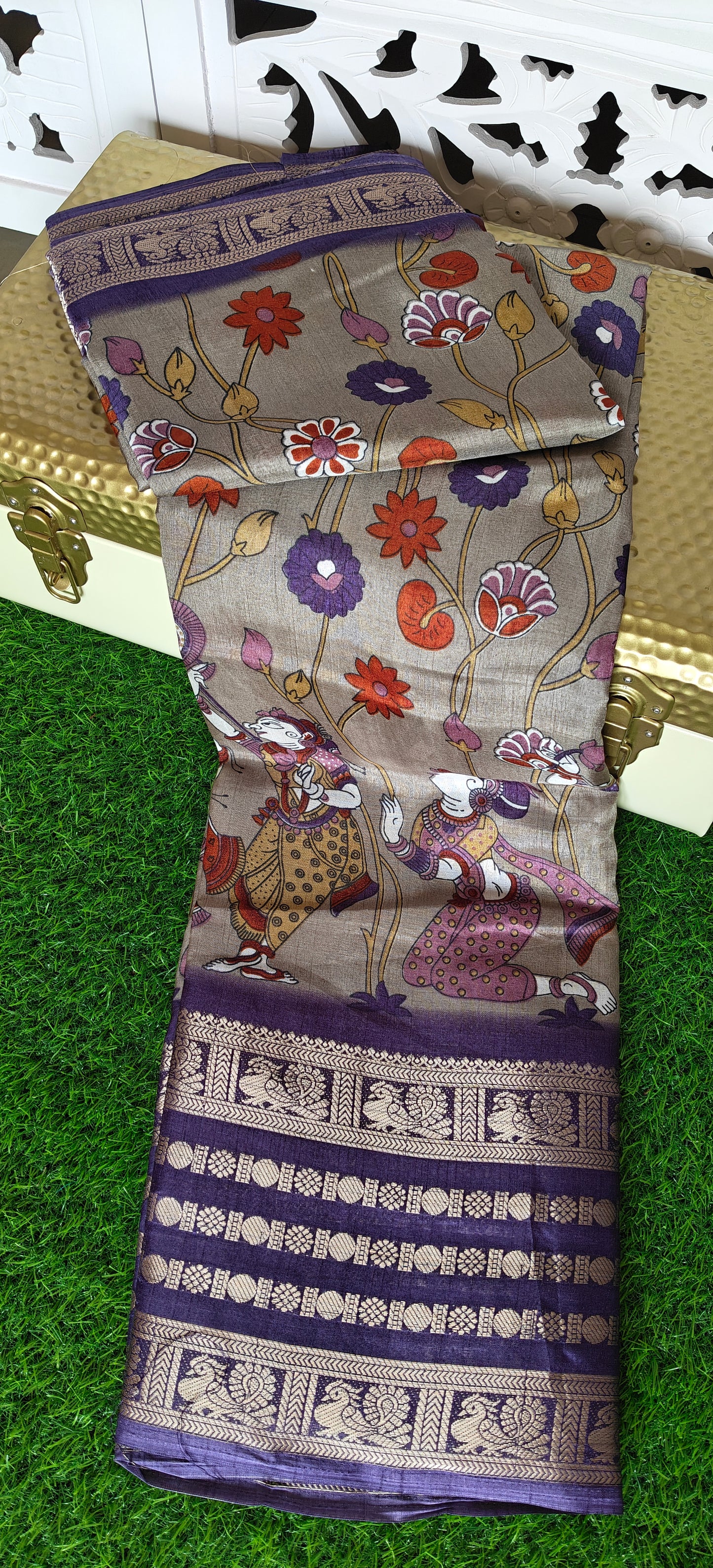 Purple Kalamkari Print Semi Crepe Silk