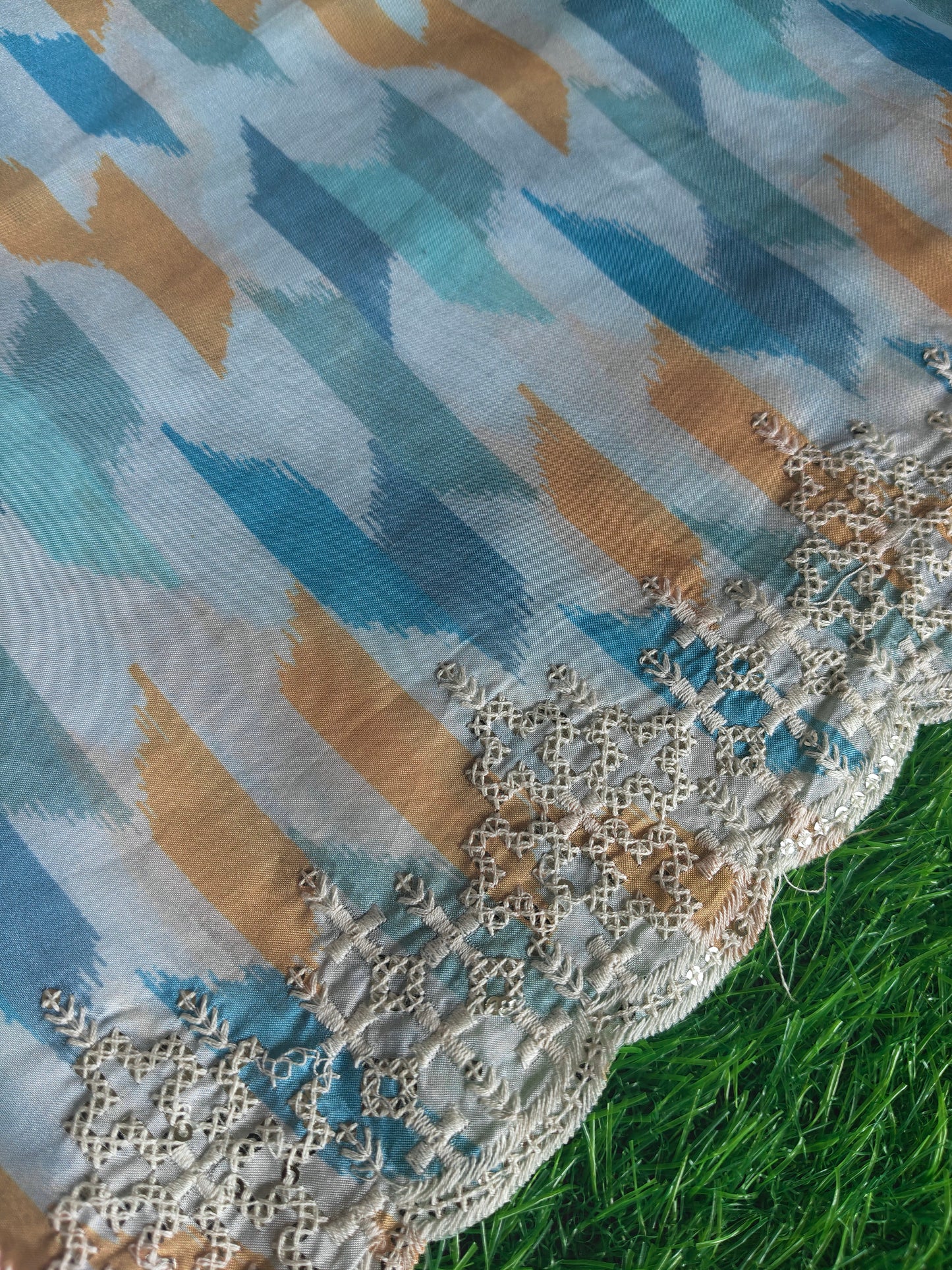 Multicolored sea green Italian satin crepe Silk with contrast blouse Saree