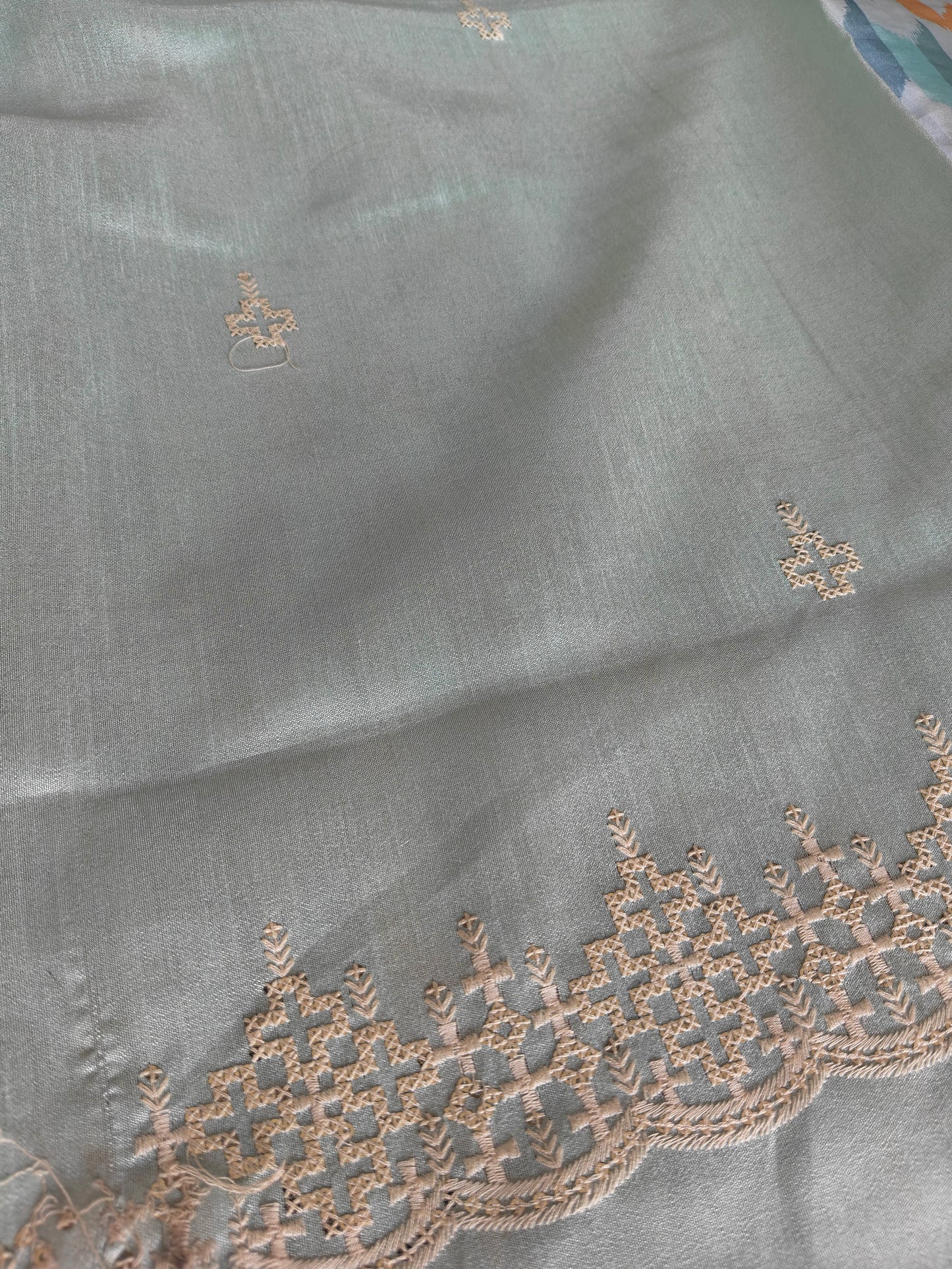 Multicolored sea green Italian satin crepe Silk with contrast blouse Saree